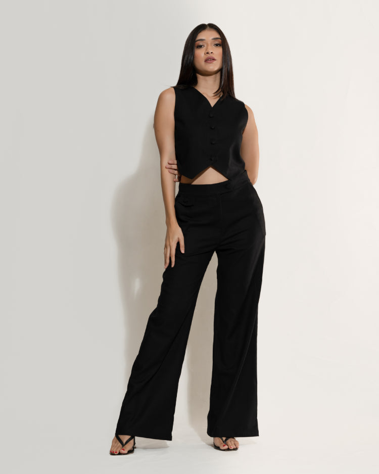 Button Front Vest Blazer & Wide Leg Pant
