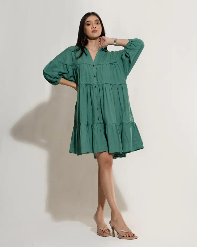 Oversize Layered Ruffle Shirt Dress