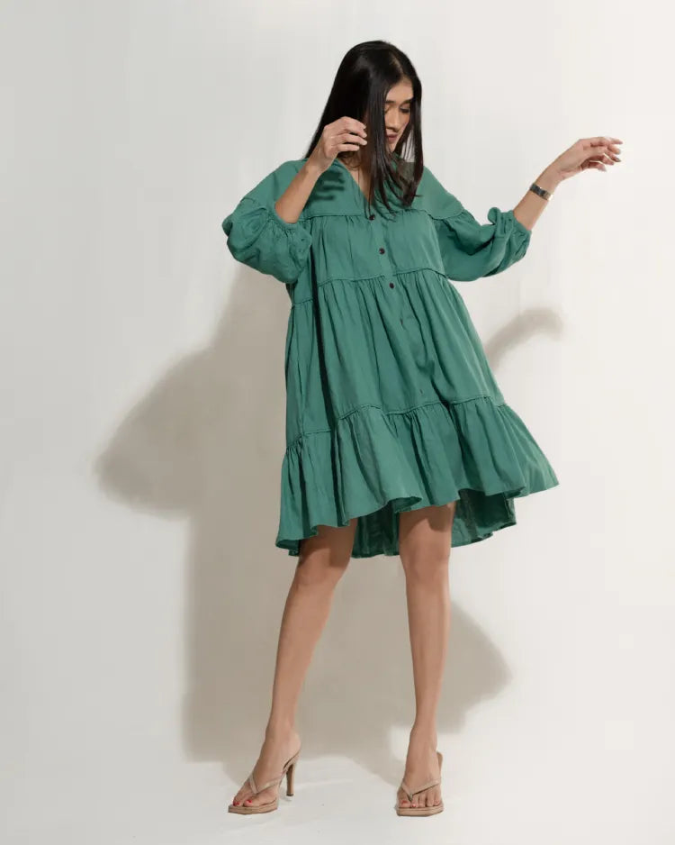 Oversize Layered Ruffle Shirt Dress