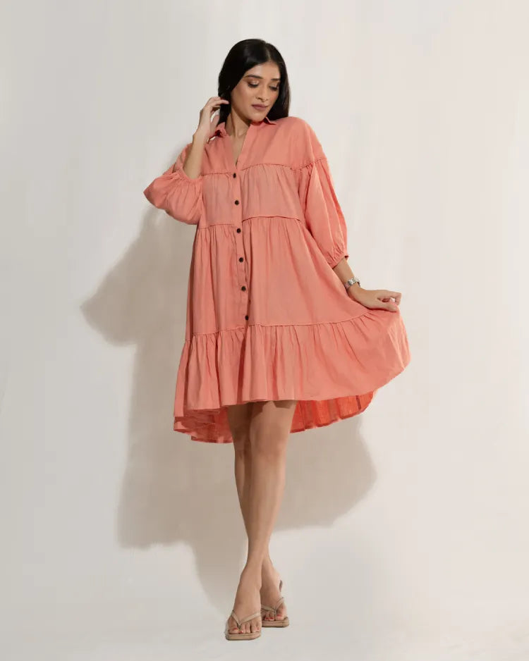 Oversize Layered Ruffle Shirt Dress