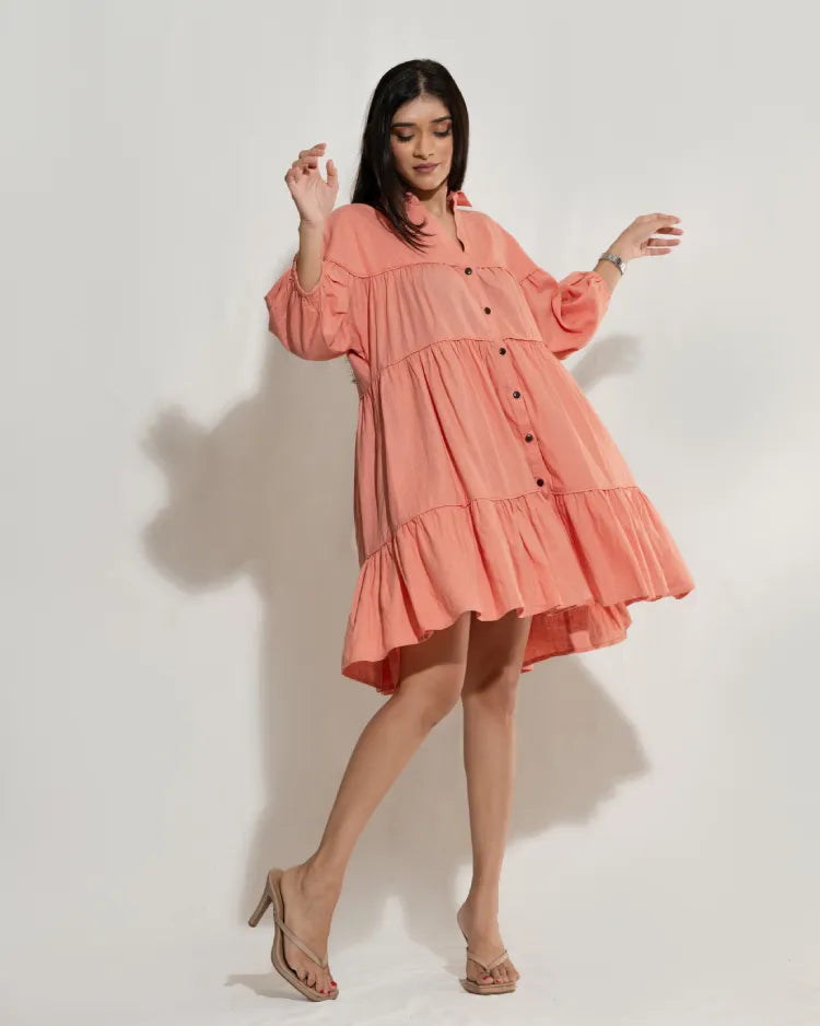 Oversize Layered Ruffle Shirt Dress
